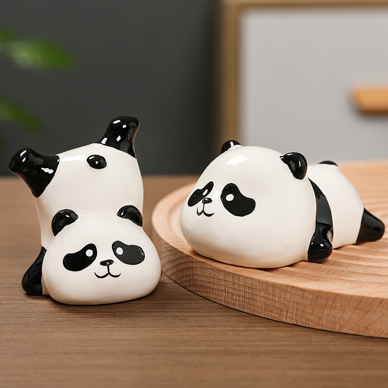 Adorable Panda Desk Figurine – Ceramic Handcrafted Animal Sculpture, Cute Mini Statue for Office Desk/Bookshelf/Shelf Decor, Artistic Home Accent Gift for Women, Teens, and Animal Lovers