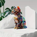 Cat acrylic ornament on a white display surface beside greenery