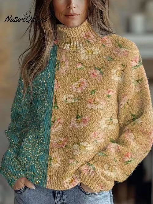 Festive Christmas Print Turtleneck Sweater for Women – Cozy Knit Pullover with Holiday Reindeer & Snowflake Design