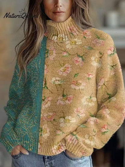 Festive Christmas Print Turtleneck Sweater for Women – Cozy Knit Pullover with Holiday Reindeer & Snowflake Design