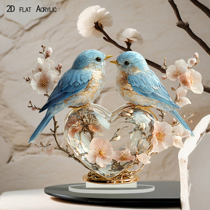 Creative Valentine’s Peach Blossom & Little Bird Crystal Heart – 2D Acrylic Home Décor