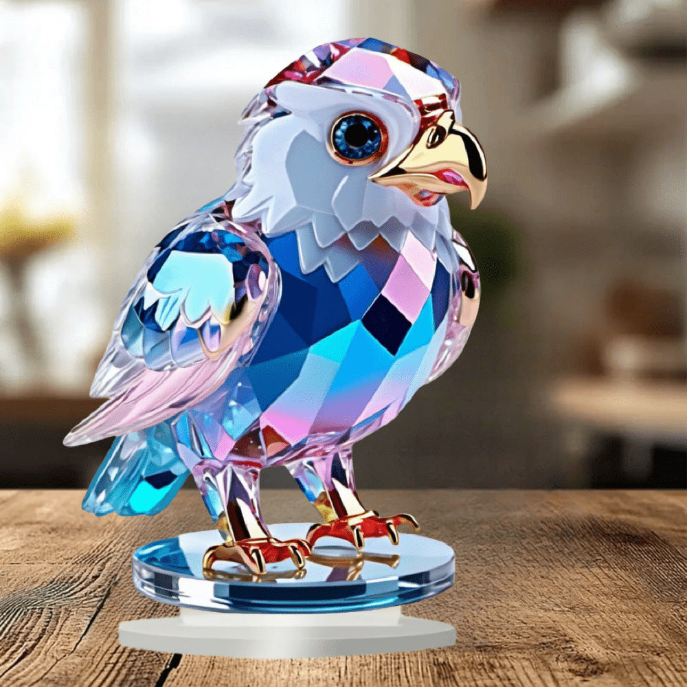 Rainbow peacock 2D acrylic tabletop ornament on a clear base
