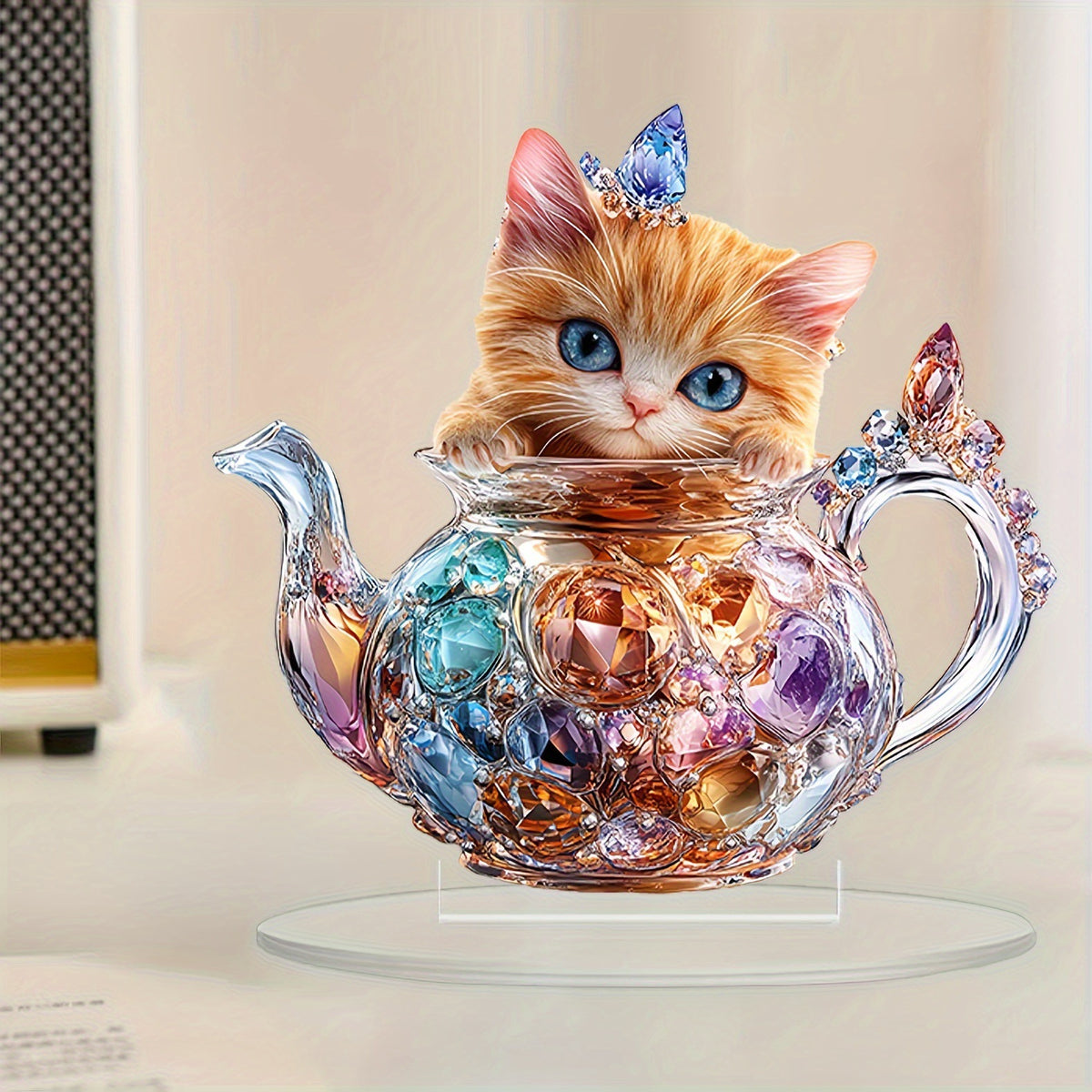 KitTea cat-and-teapot acrylic ornament shown at an angle on a table