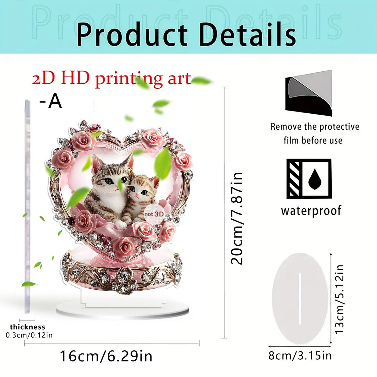 Cat couple acrylic ornament product detail and dimension diagram