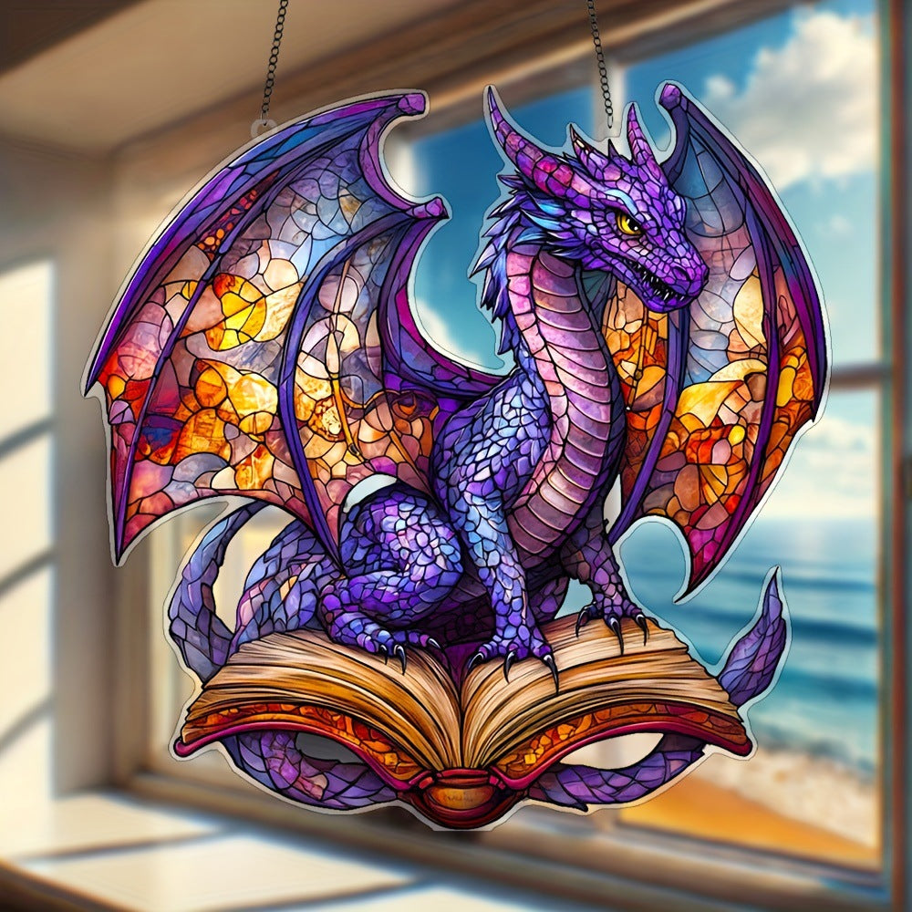 Dragonveil purple acrylic dragon hanging ornament with open-book artwork