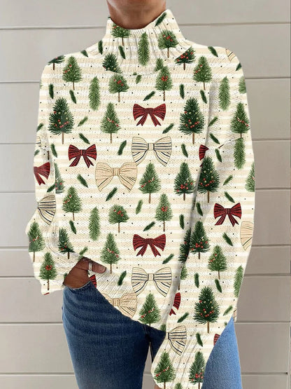 Festive Christmas Print Turtleneck Sweater for Women – Cozy Knit Pullover with Holiday Reindeer & Snowflake Design