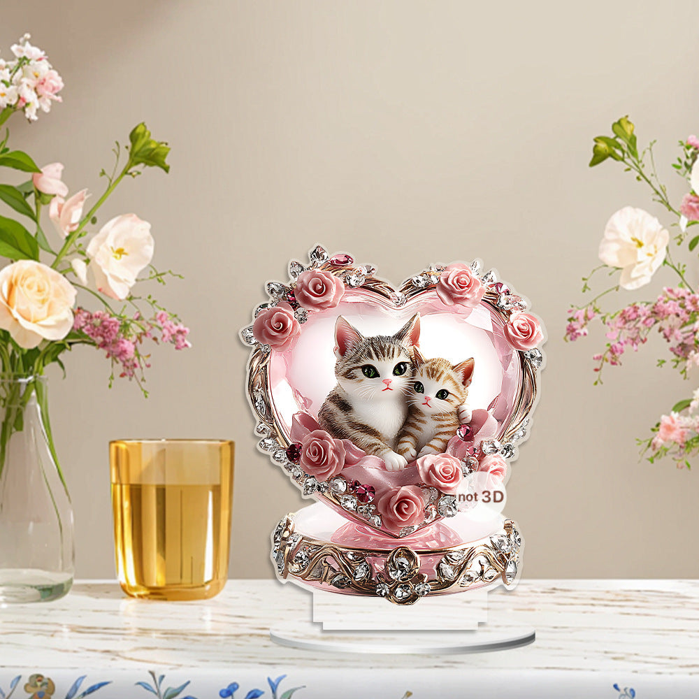 Pink heart-shaped cat couple 2D acrylic ornament in a floral room setting