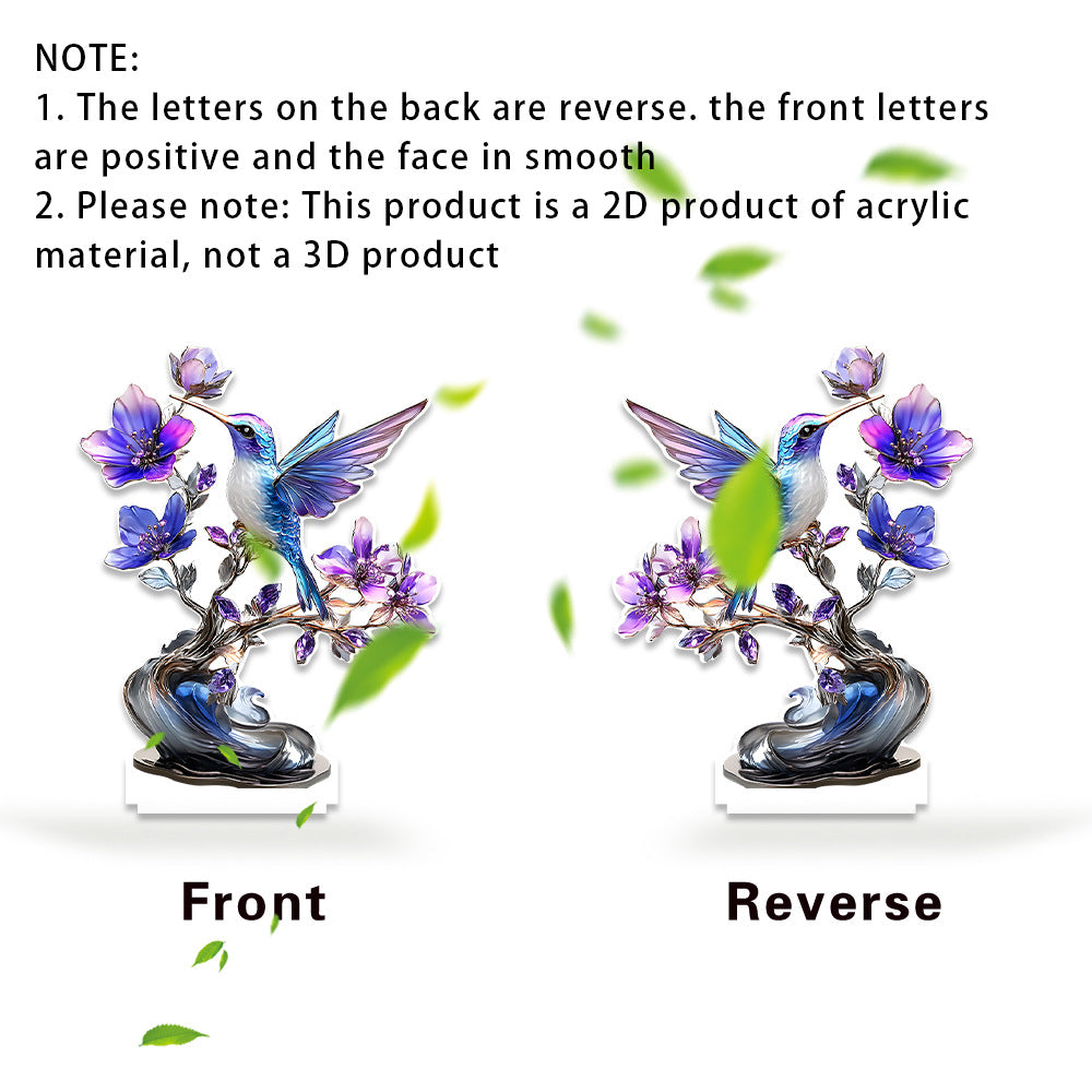 Front and reverse views of flat hummingbird acrylic ornament
