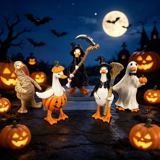 Halloween Duck Figurine Collection – Mummy, Pumpkin, Reaper, Witch & Ghost Resin Desk Decor