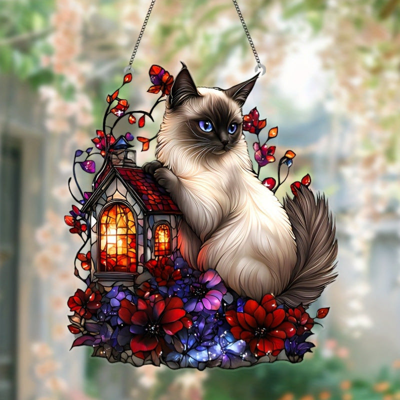 Siamese Cat Sun Catcher - Elegant Floral Window Pet Memorial Decor Hanging