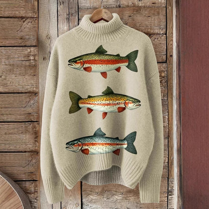 Festive Christmas Print Turtleneck Sweater for Women – Cozy Knit Pullover with Holiday Reindeer & Snowflake Design