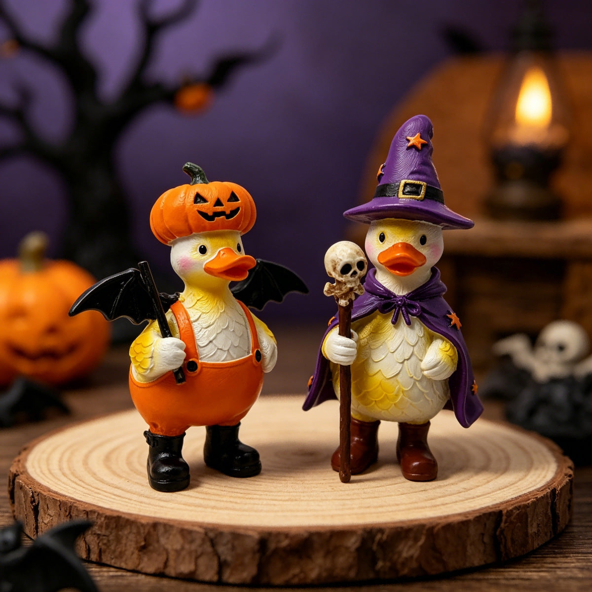 Halloween Duck Figurine Set of 2 – Resin Pumpkin Hat & Witch Duck Desktop Decor