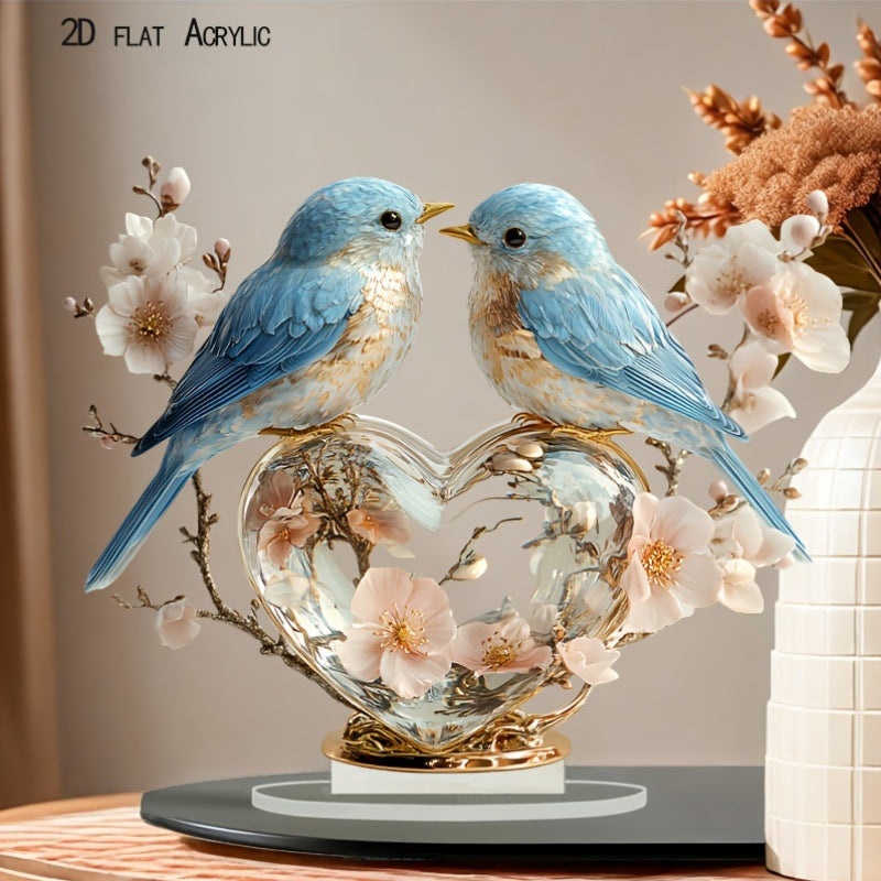 Creative Valentine’s Peach Blossom & Little Bird Crystal Heart – 2D Acrylic Home Décor