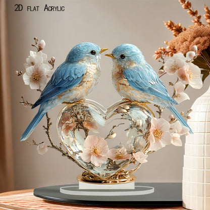 Creative Valentine’s Peach Blossom & Little Bird Crystal Heart – 2D Acrylic Home Décor
