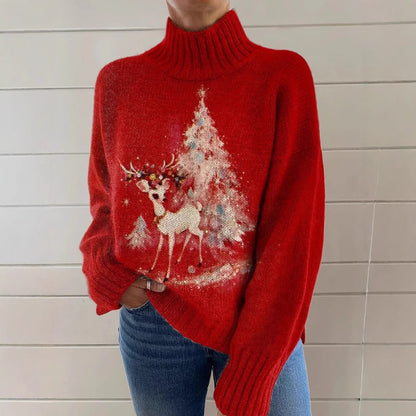 Festive Christmas Print Turtleneck Sweater for Women – Cozy Knit Pullover with Holiday Reindeer & Snowflake Design