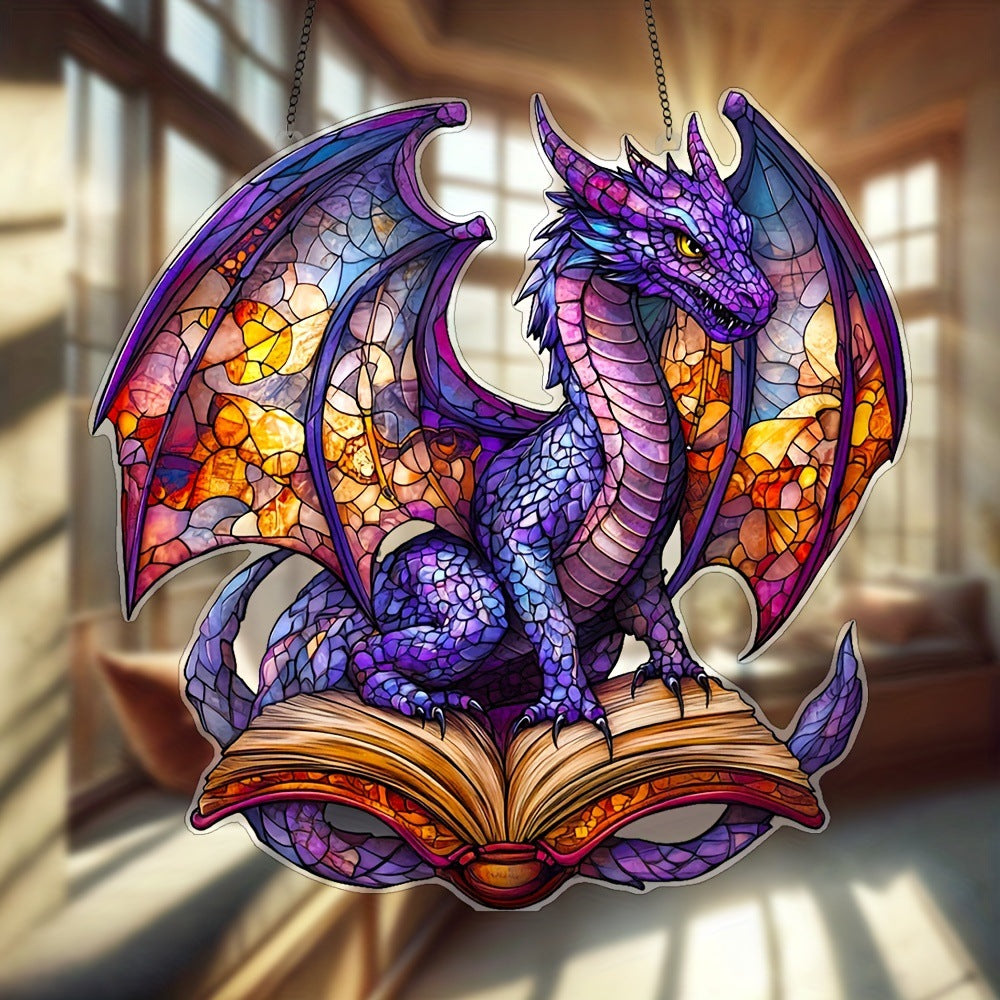 Dragonveil stained-glass-style acrylic dragon hanging beside a window