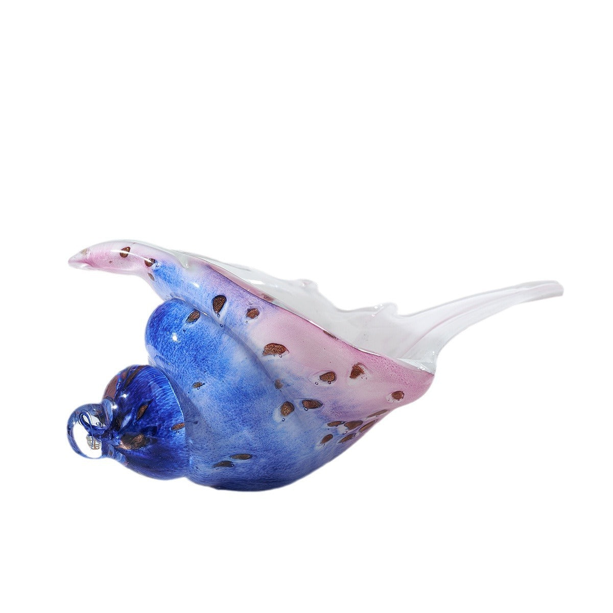 Blue and pink glass conch shell sculpture against a white background