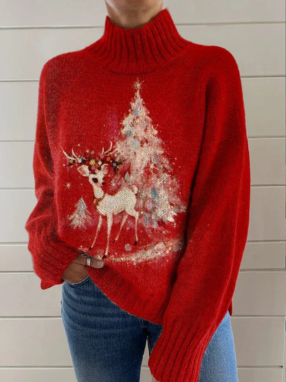 Festive Christmas Print Turtleneck Sweater for Women – Cozy Knit Pullover with Holiday Reindeer & Snowflake Design