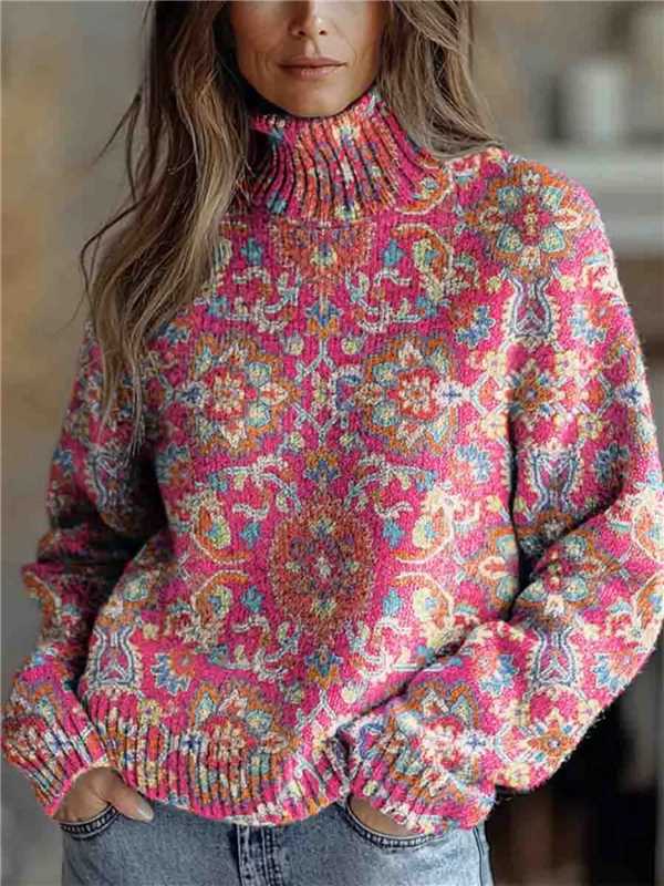 Festive Christmas Print Turtleneck Sweater for Women – Cozy Knit Pullover with Holiday Reindeer & Snowflake Design