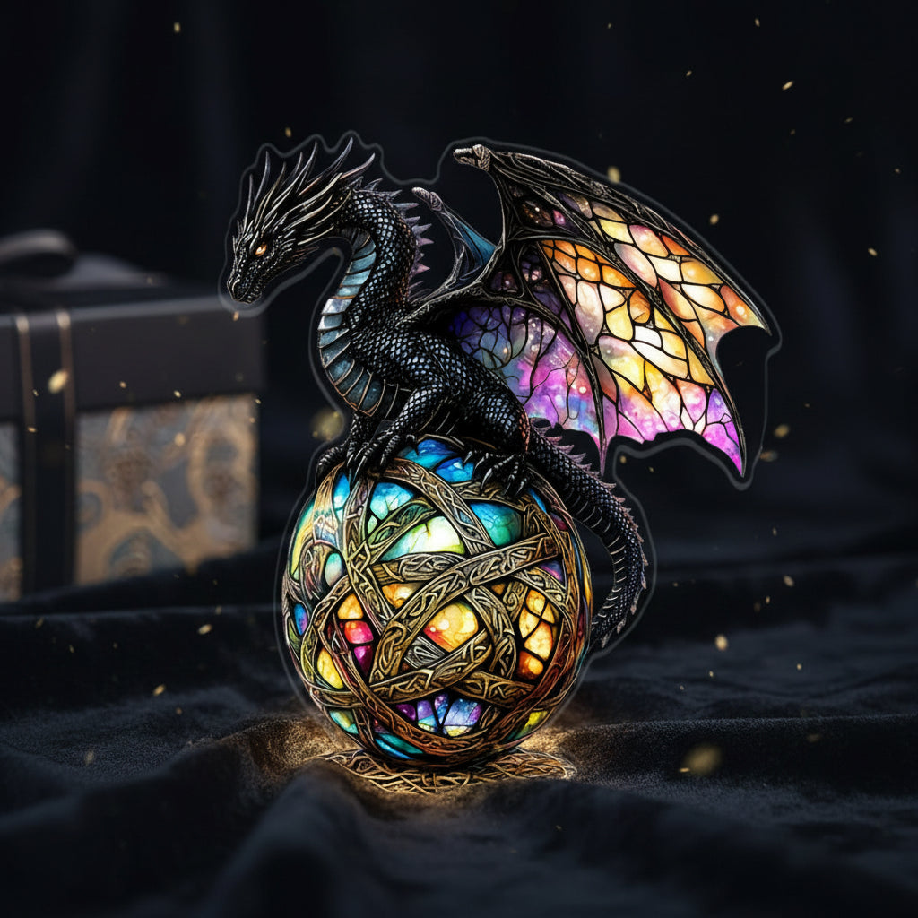 Ebon black dragon 2D acrylic ornament with multicolored orb artwork