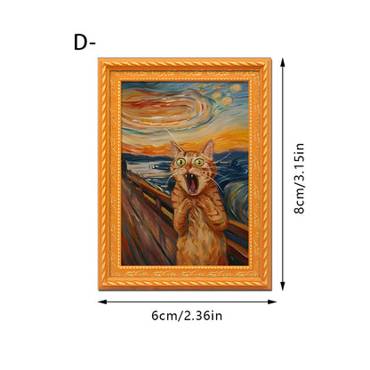 Vintage Screaming Cat Magnetic Frame - Gothic Oil Painting Style Wood