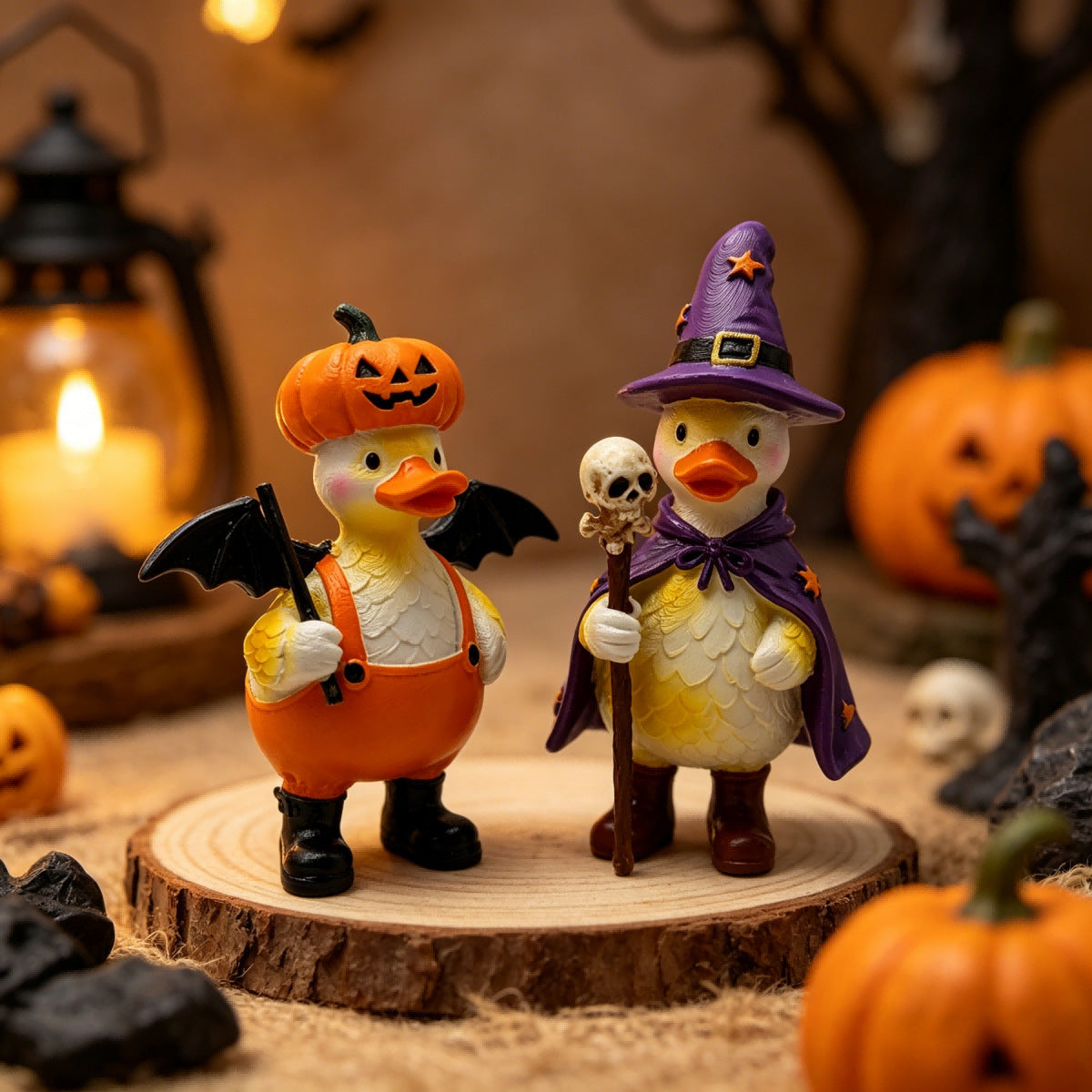 Halloween Duck Figurine Set of 2 – Resin Pumpkin Hat & Witch Duck Desktop Decor