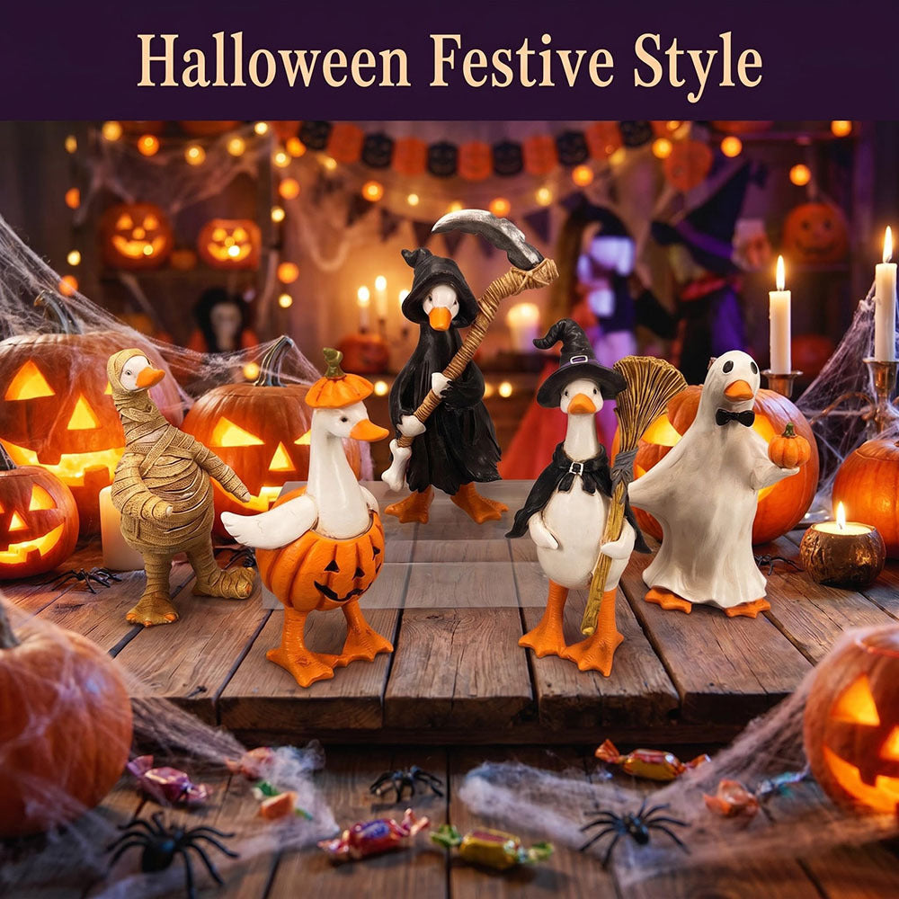 Halloween Duck Figurine Collection – Mummy, Pumpkin, Reaper, Witch & Ghost Resin Desk Decor
