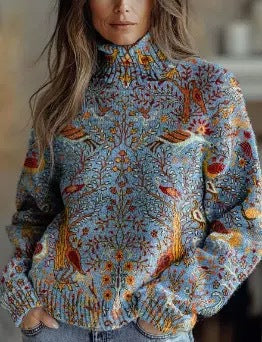 Festive Christmas Print Turtleneck Sweater for Women – Cozy Knit Pullover with Holiday Reindeer & Snowflake Design