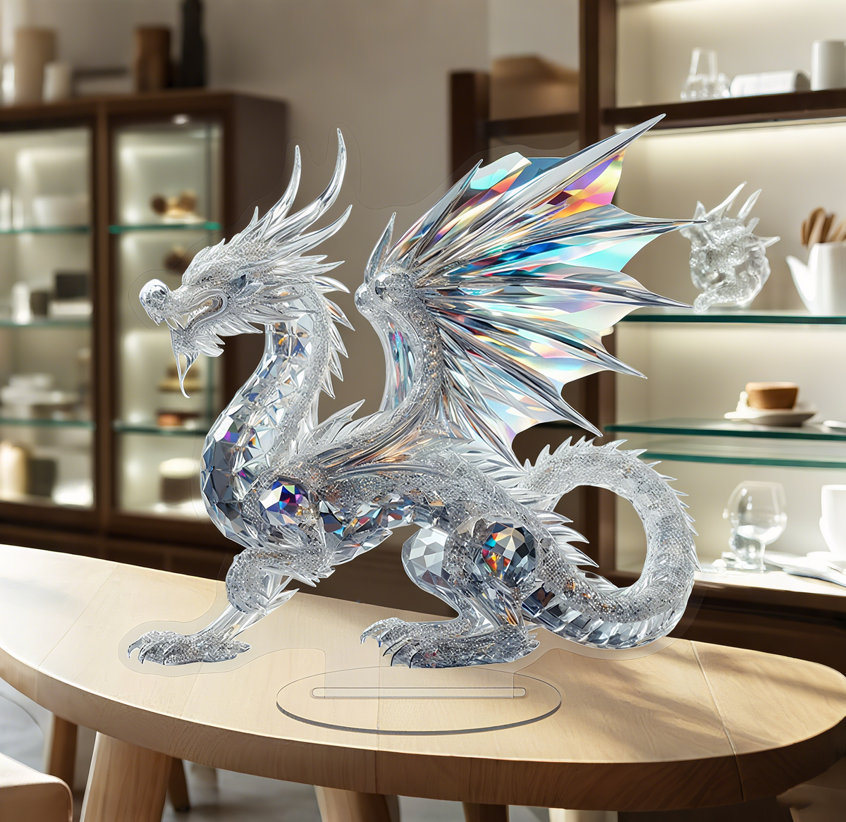 Drako acrylic dragon stand displayed in front of a bookshelf