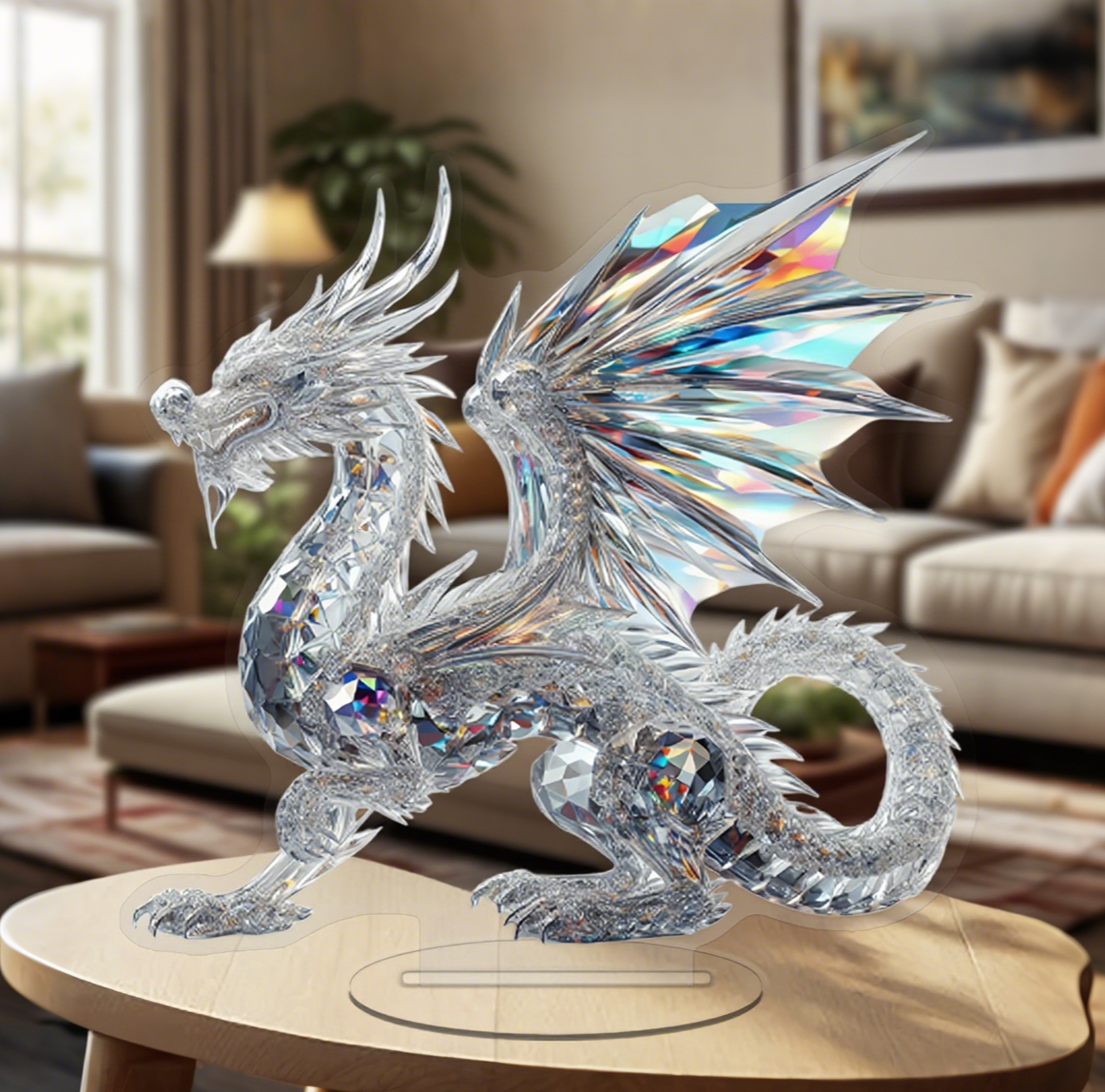 Drako dragon ornament with curled tail on a living room table