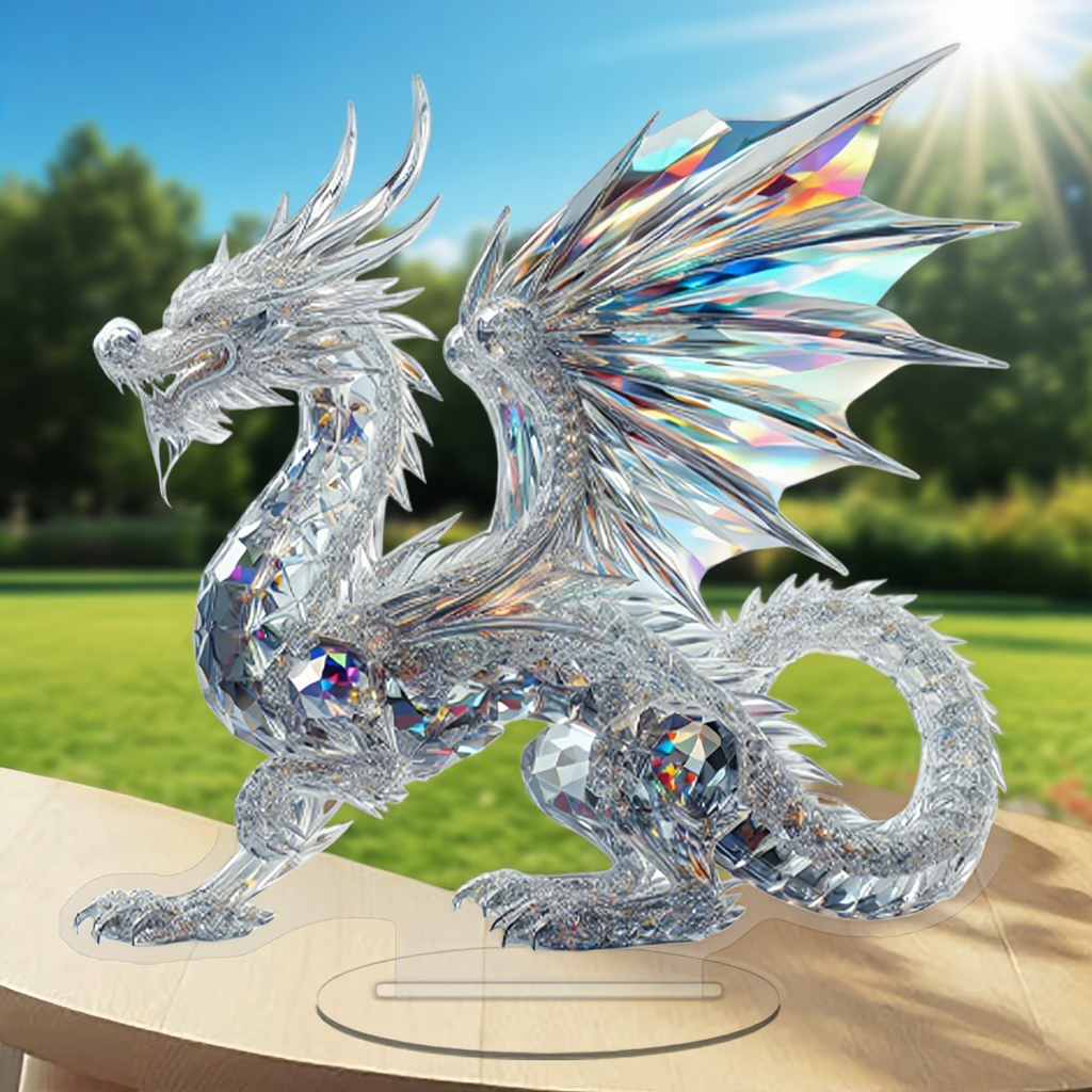 Drako 2D acrylic dragon ornament with iridescent wing artwork on a table