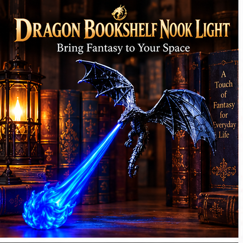 Dragon bookshelf light in blue flame fantasy library scene