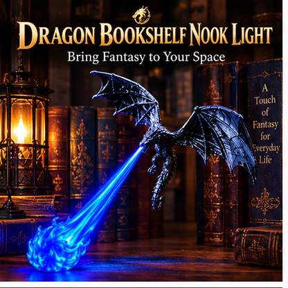 Dragon bookshelf light in blue flame fantasy library scene