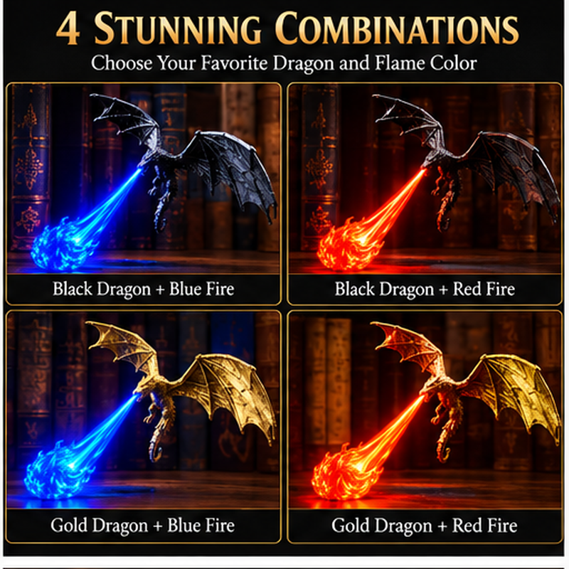 Four illustrated dragon color and flame combinations black gold red blue