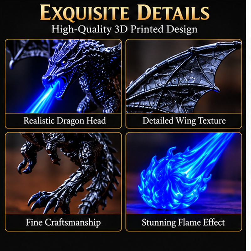 Dragon head wings and flame decorative details illustration