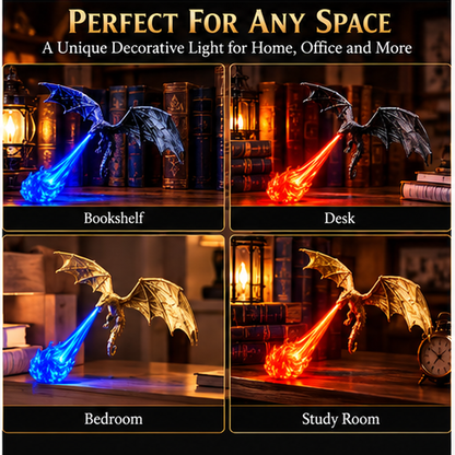 Dragon lamp illustrated placement on bookshelves and desks