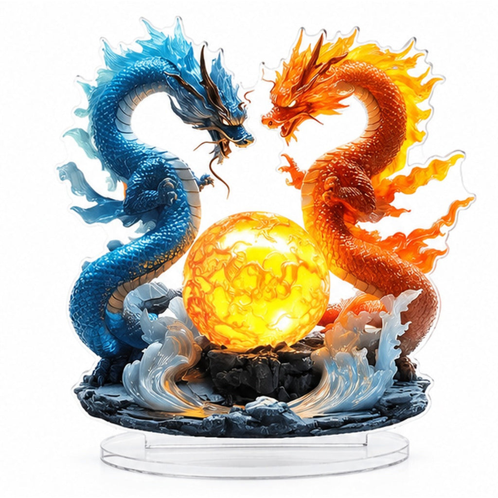 AI-styled white backdrop illustration of Blaze and Azure 2D acrylic dragon decor