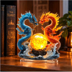 AI-styled bookshelf scene featuring Blaze and Azure acrylic dragon tabletop decor