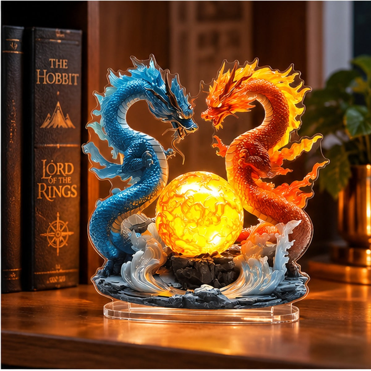 AI-styled bookshelf scene featuring Blaze and Azure acrylic dragon tabletop decor