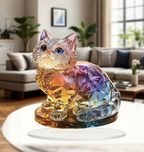 Lumi acrylic cat stand displayed on a living room table