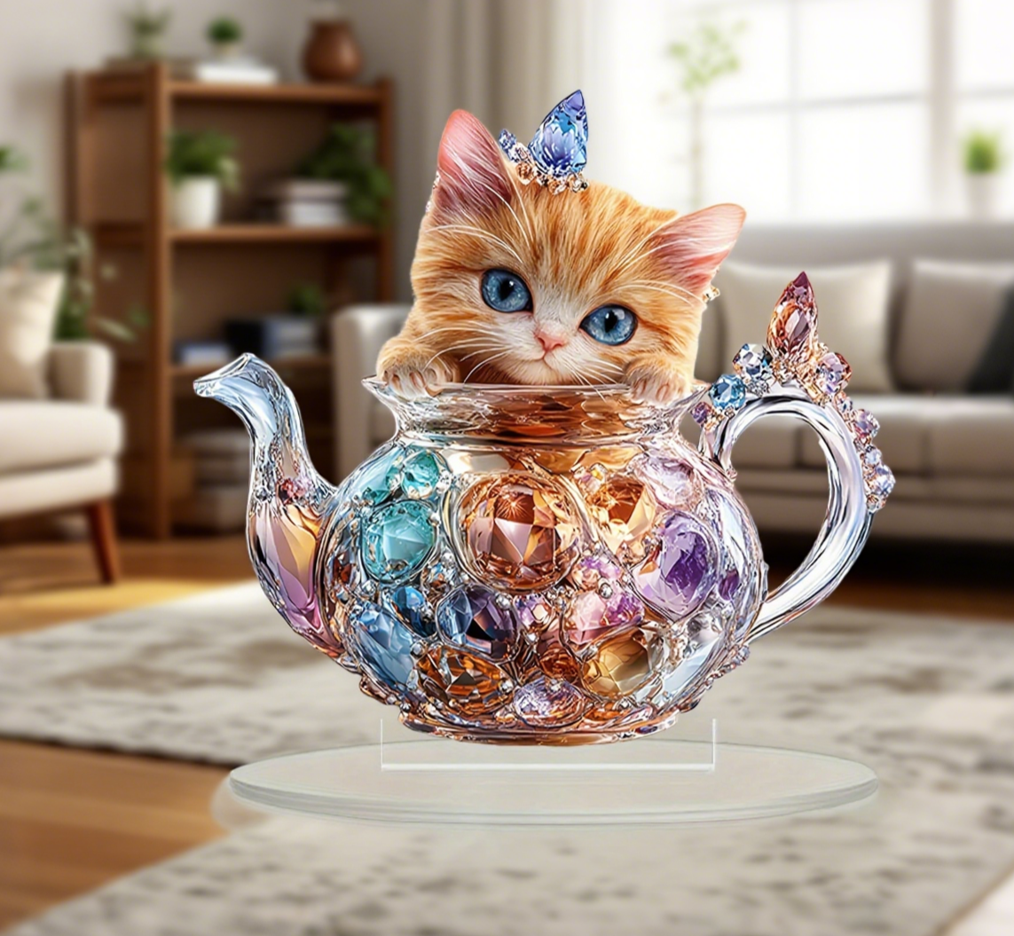 KitTea cat-and-teapot acrylic stand on a living room table
