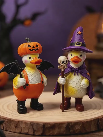 Halloween Duck Figurine Set of 2 – Resin Pumpkin Hat & Witch Duck Desktop Decor